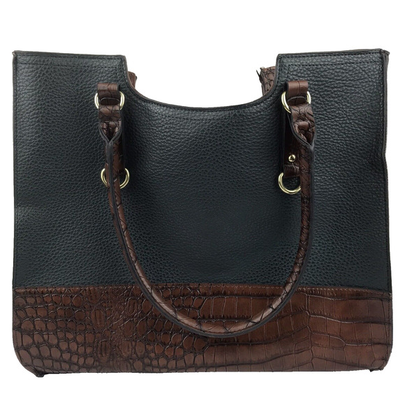 Faux Leather Tote Dark Green Brown Alligator Pattern Handbag Purse 2 Section - Picture 1 of 11